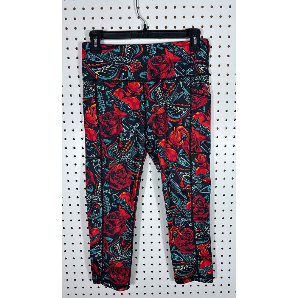 Constantly Varied Gear Red Rose & Teal Tattoo Print Leggings